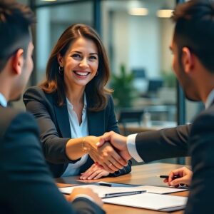 professional business meeting with manufacturing business owners